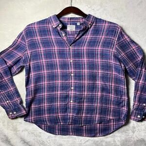 Baird McNutt Linen Springtime Plaid Button Up Shirt Men's L Murano Slim Fit Pink